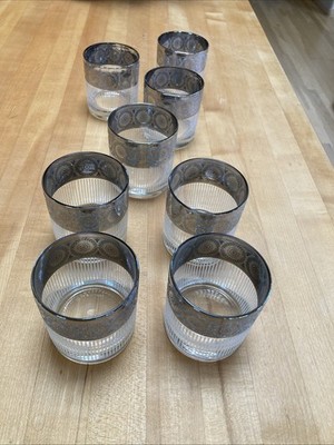 8 MCM Lowball Glasses Silver Embossed Rim with Vertical Texture -Culver Ltd