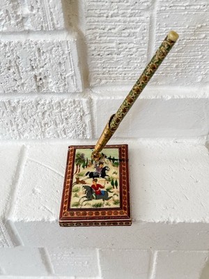 Vintage Persian Hand-Painted Pen Holder & Pen Set Horsemen Hunting Scene Rare