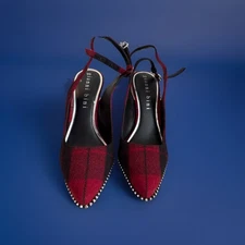 Gianni Bini Women's Flannel Plaid Ankle Strap Pumps, Size 8.5m, Metal Points