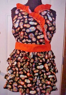 Ladies Apron Full Bib Russian Nesting Doll Print Ruffles Rick Rack Tie BK Orange