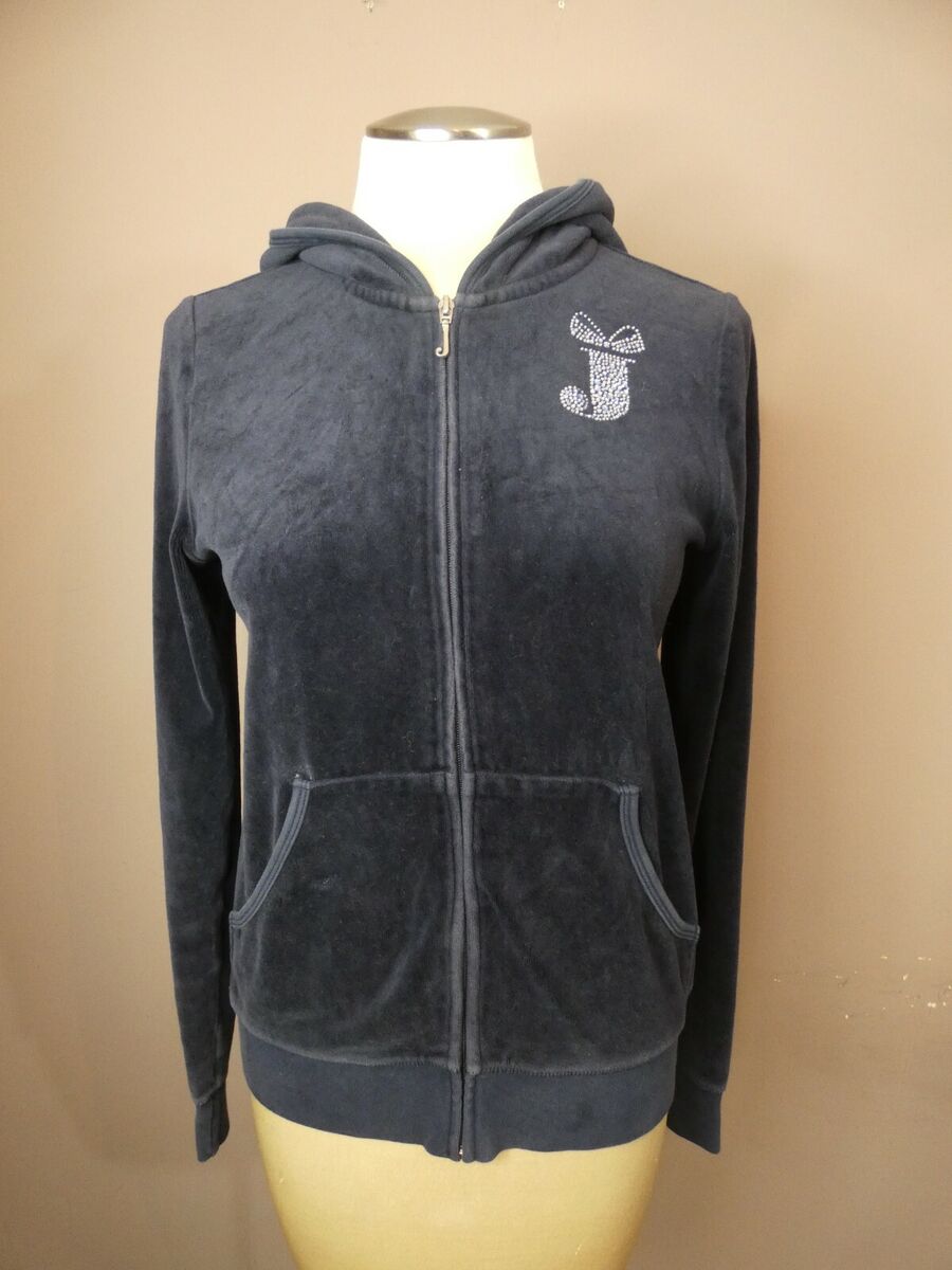 Juicy Couture Women's L Velour Zip Jacket Navy Blue Sequin J Juicy Couture Women's L Velour Zip Jacket Navy Blue Sequin J