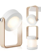 Foldably USB Charge Table Lamp - Dimmable LED Light with Wooden Handle -White