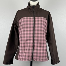 Dickies Womens Brown Pink Plaid Full Zip Jacket Long Sleeve Collar Zip Size L