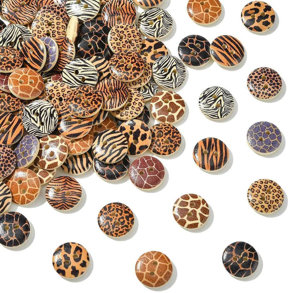 100pcs Round Flat 2-Hole Wood Buttons Brown Printed for DIY Sewing Cloth Crafts - Image 2 of 4