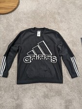 Adidas Mens Medium Crew Neck Nylon Patches Black Fleece Long Pullover 3 Stripes