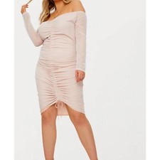 PrettyLittleThing Plus Nude Pink Mesh Ruched Bardot Midi Dress Sz 20 NWT