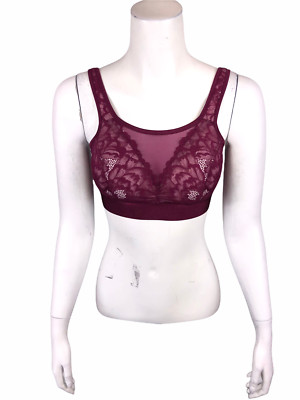 Breezies Women's Wire-Free Mesh Neckline Lace Overlay Bralette Wine Large Size 