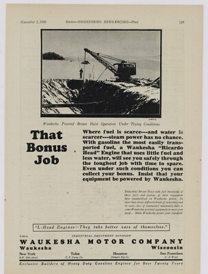 1928 Waukesha Motor Ad: Industrial Brown Hoist w/ Ricardo Head Waukesha Engine