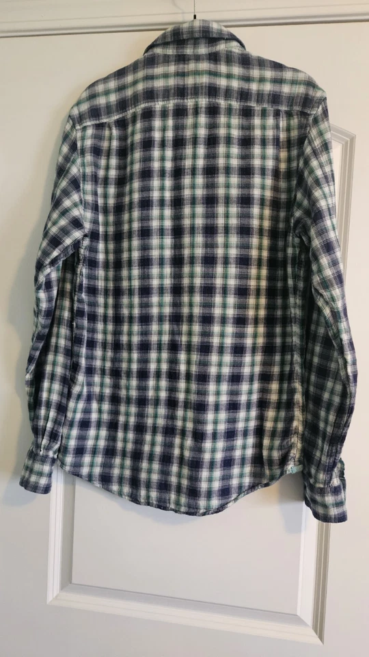 Camisa de franela a cuadros REISS 1971 Vinci para hombre talla mediana azul verde solapa parche bolsillos Foto 3 de 4