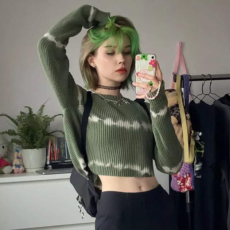 Y2K Aesthetic Floral Knitted Super Short Green Crop Top