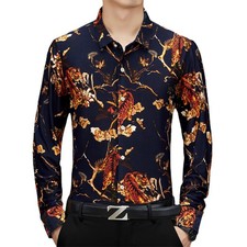 Spring Long-sleeved Floral Shirts Breathable Men's Jacquard Ice Silk Loose Tops