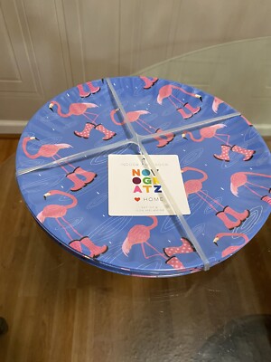 8 SET PINK FLAMINGO In Rain Boots MELAMINE 10.25  Dinner Plates by Novogratz NEW