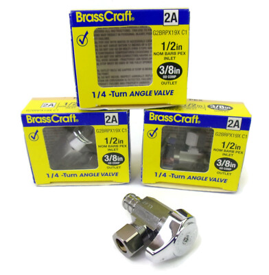 3-pcs BrassCraft #2A 1/4 Turn Angle Valve Pex 1/2'' Nom Barb Pex In x 3/8'' OD Out