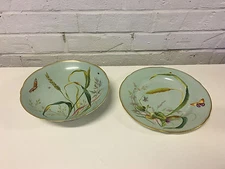 Antique Likely English Porcelain Compote & Plate w Insect & Butterfly Decoration