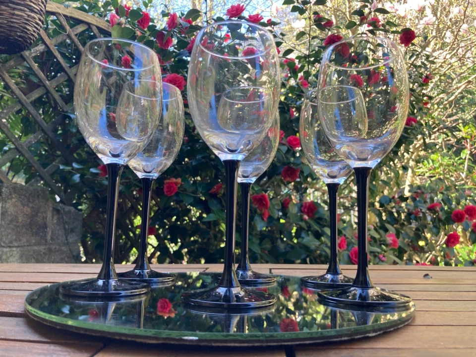 Set 6 Vintage Hand Blown Lumincar French Black Stem Wine Glasses height 20cms - Image 4 of 4