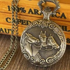 Horse 3 Horses Pocket Watch Stallion Mare Western Cowboy Solid Bronze Gift - NEW