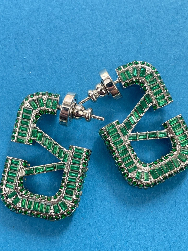 Valentino Silver V Logo Square Shaped Green Crystal Hoop Earrings - Image 3 of 4