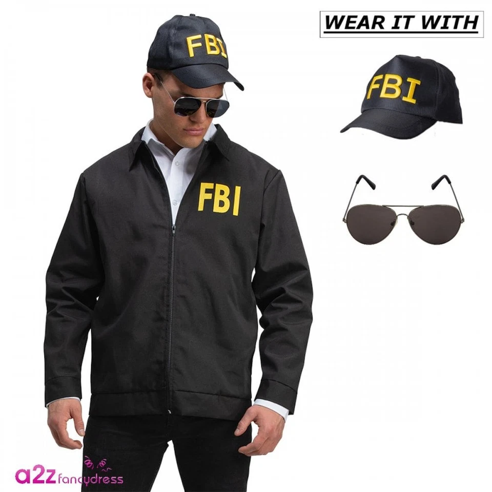 WICKED COSTUMES Adult FBI Jacket Only or Jacket/Cap/Shades USA Police Cop Stag Party Fancy Dress