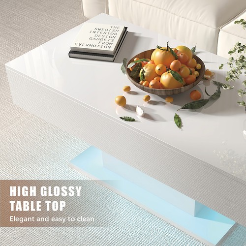 High Gloss Coffee Table LED Lights Cocktail Sofa Table for Living Room White - Picture 7 of 13