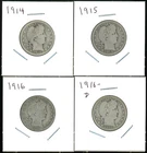 Lot of (4) Four Coins - 90% Silver Barber Quarters - 1914, 1915, 1916-P & D