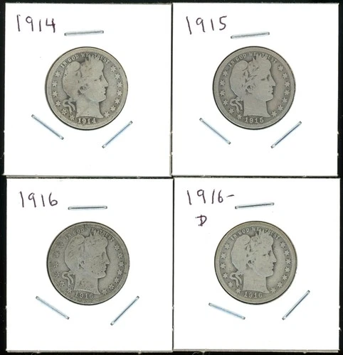 Lot of (4) Four Coins - 90% Silver Barber Quarters - 1914, 1915, 1916-P & D