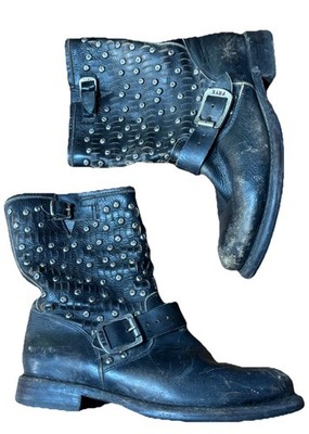 Frye VTG Jenna Studded Harness Biker Boots Black Leather Moto Boho Western Sz 7