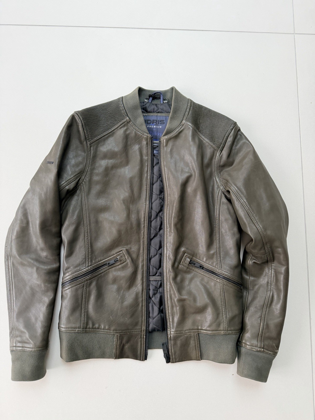 SUPERDRY Idris Elba IE Flight Bomber LEATHER JACKET Khaki Green Small