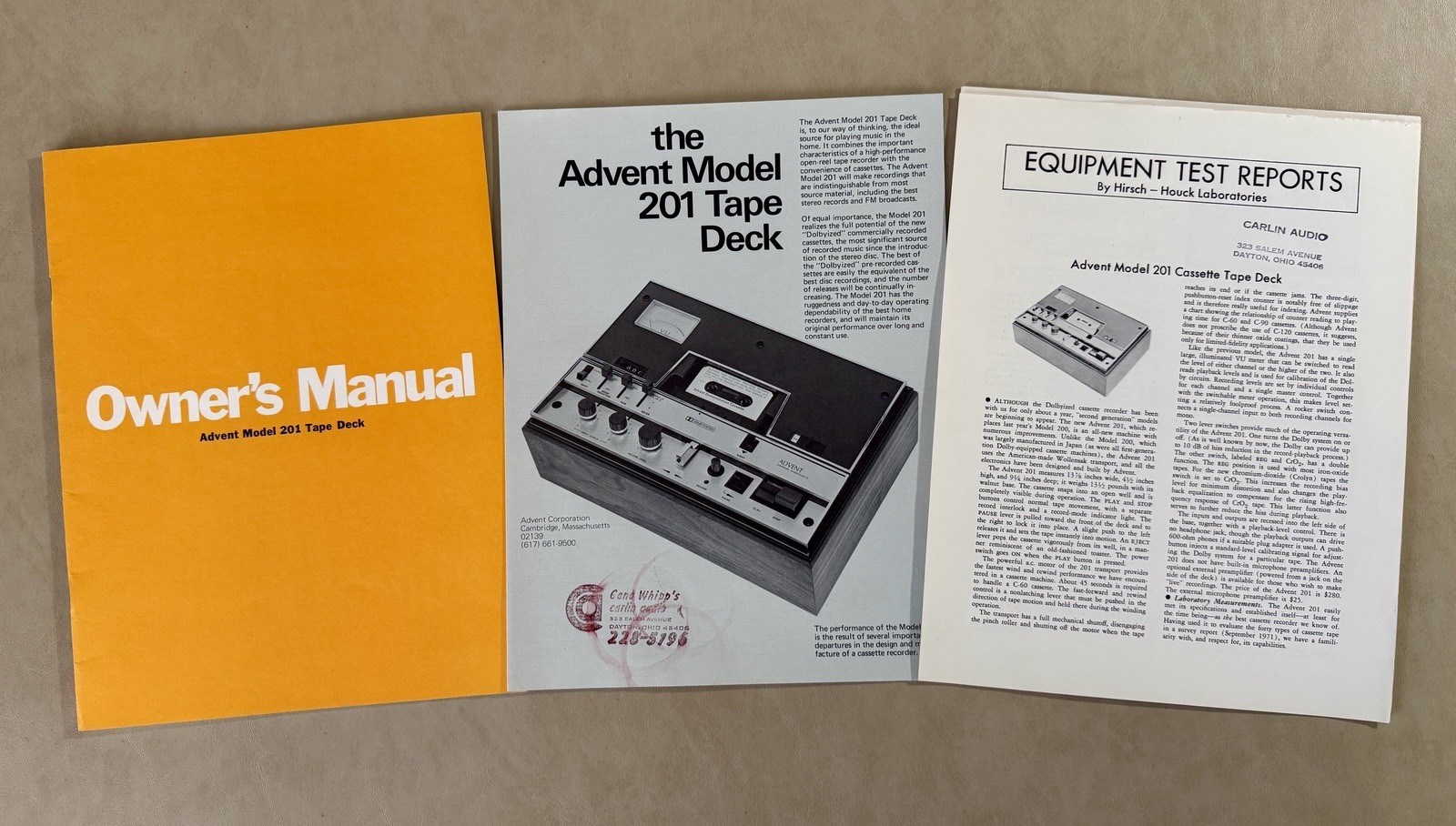 Original Advent Model 201 Cassette Tape Deck Owner's Manual 