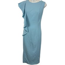 London Times Light Blue Ruffle Knee Length Sleeveless Stretch Dress sz 8