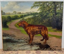 Antique Oil Painting Golden Retriever Dog Country River Landscape 19th Century