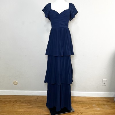 Lulus Maxi Dress Notorious Charm Navy Blue Pleated Tiered