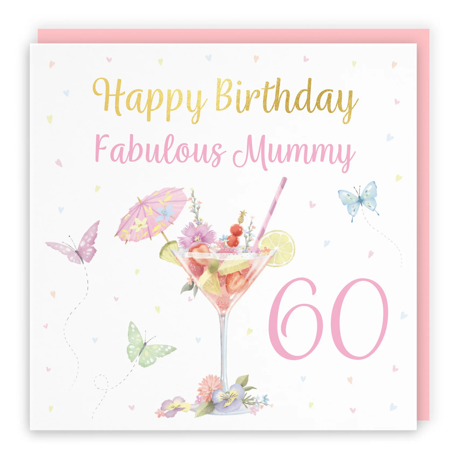 60th Mummy Pink Cocktail And Butterflies Birthday Card Gold Foil Milo's Gallery