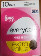 Leggs Vintage Knee Highs 9 Suntan 1 Black Sheer Toe 10 Pairs 
