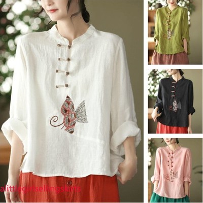 Ethnic Women Embroidery Cotton Linen T-shirts Casual Tops Blouse Retro Chinese
