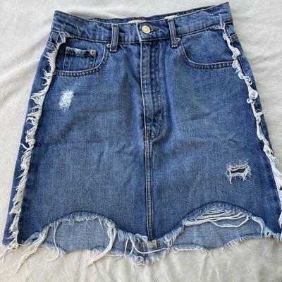 Zara Denim Mini Skirt Distressed Raw Frayed Hem Festival Y2K Women S 26  Waist