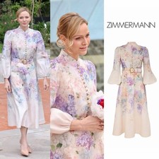 NWT Zimmermann Dawning Buttoned Midi Linen Dress Multi Hydrangea AU3 L