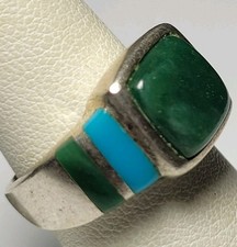 Vintage sterling silver bezel set malachite cabochon w/ inlay ring sz 6.5