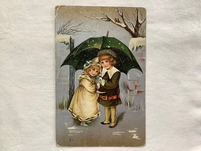 Mädchen und Junge unter Regenschirm, Winterszene veröffentlicht 1907 Serie Nr.16 B.B. postkarte