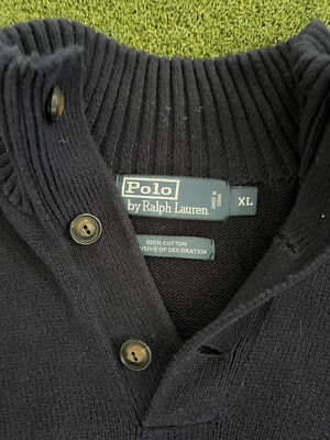 POLO RALPH LAUREN MENS 3 BUTTON MOCK NECK SWEATER - NAVY BLUE SZ