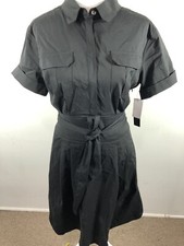 Cynthia Steffe Dress Womens 4 Black Tie Belt Short Sleeve Pockets Cotton Stretch