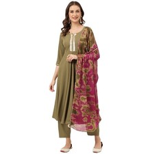 Women's Olive Green Poly Crepe A-line Kurta with Pant and Dupatta