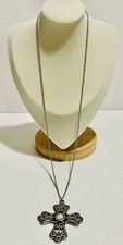 Silver Tone Cross Pendant Necklace With Faux Pearl And Rhinestones 25 Inches.