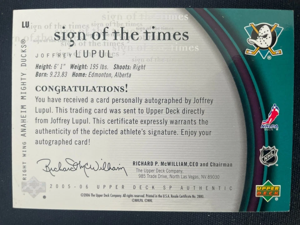Joffrey LUPUL 2005-06 UD SP Authentic Sign Of The Time RC Autograph #LU Anaheim - Image 2 of 2