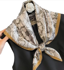 100 Mulberry Silk Square Women Scarf Neckerchief Wrap Brown White Flower 68 68