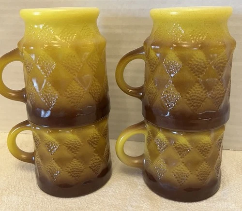Fire King  Diamond Kimberly Vintage Anchor Hocking Coffee Cups Brown Yellow