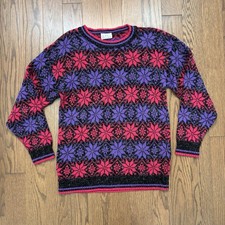 Vintage 90s Knit Sweater Aztec Snowflake Pattern Women’s L Red Purple USA Made