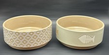 Set Of Whisker City Cat Bowls Beige Off White Fish Ceramic Pet Dishes Water Food