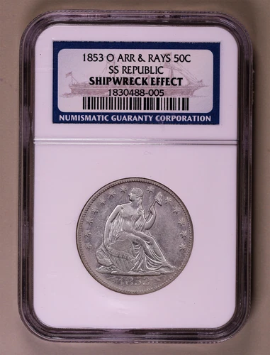 1853-O Seated Liberty Half AU Details SS Republic NGC Shipwreck Effect
