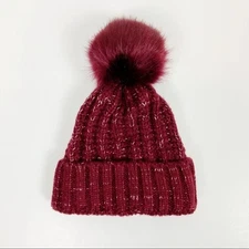 KYI KYI Canada Chunky Beanie With Faux Fur Pom In Bordo