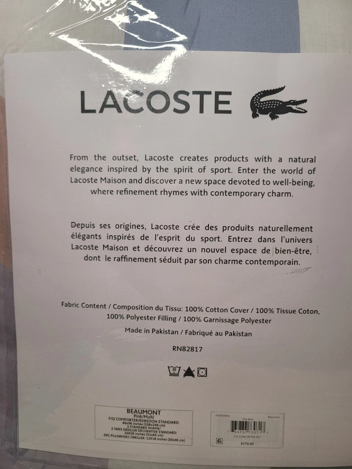 Juego de edredón y almohada decorativa Lacoste Beaumont rosa múltiple de 4 piezas completo/queen nuevo en paquete Foto 4 de 4